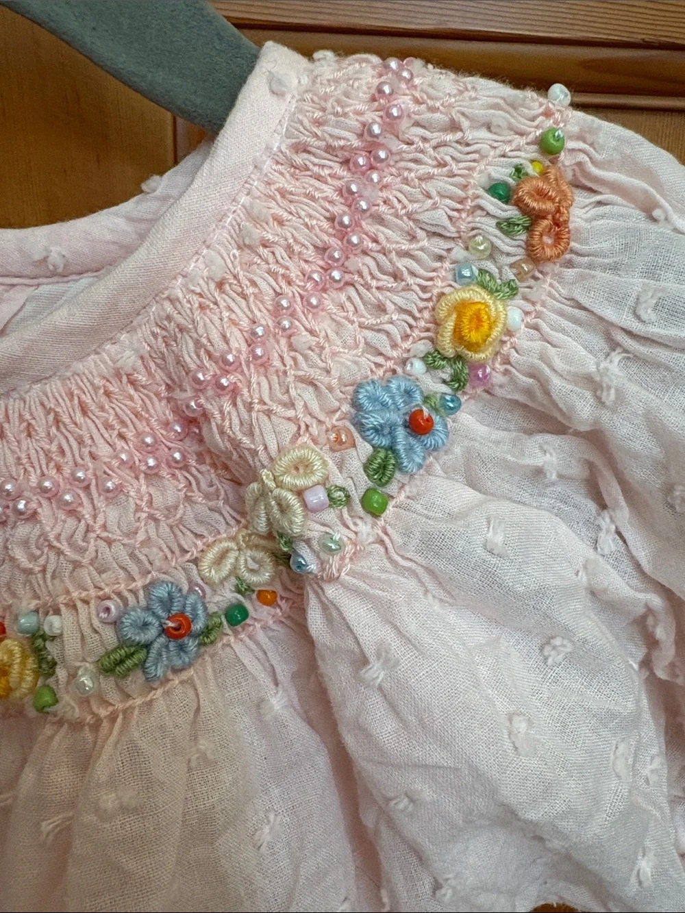 Smocked Beaded Pink Cotton Girls' Dress 2/3 Best LIKE NEW BEAUTIFUL